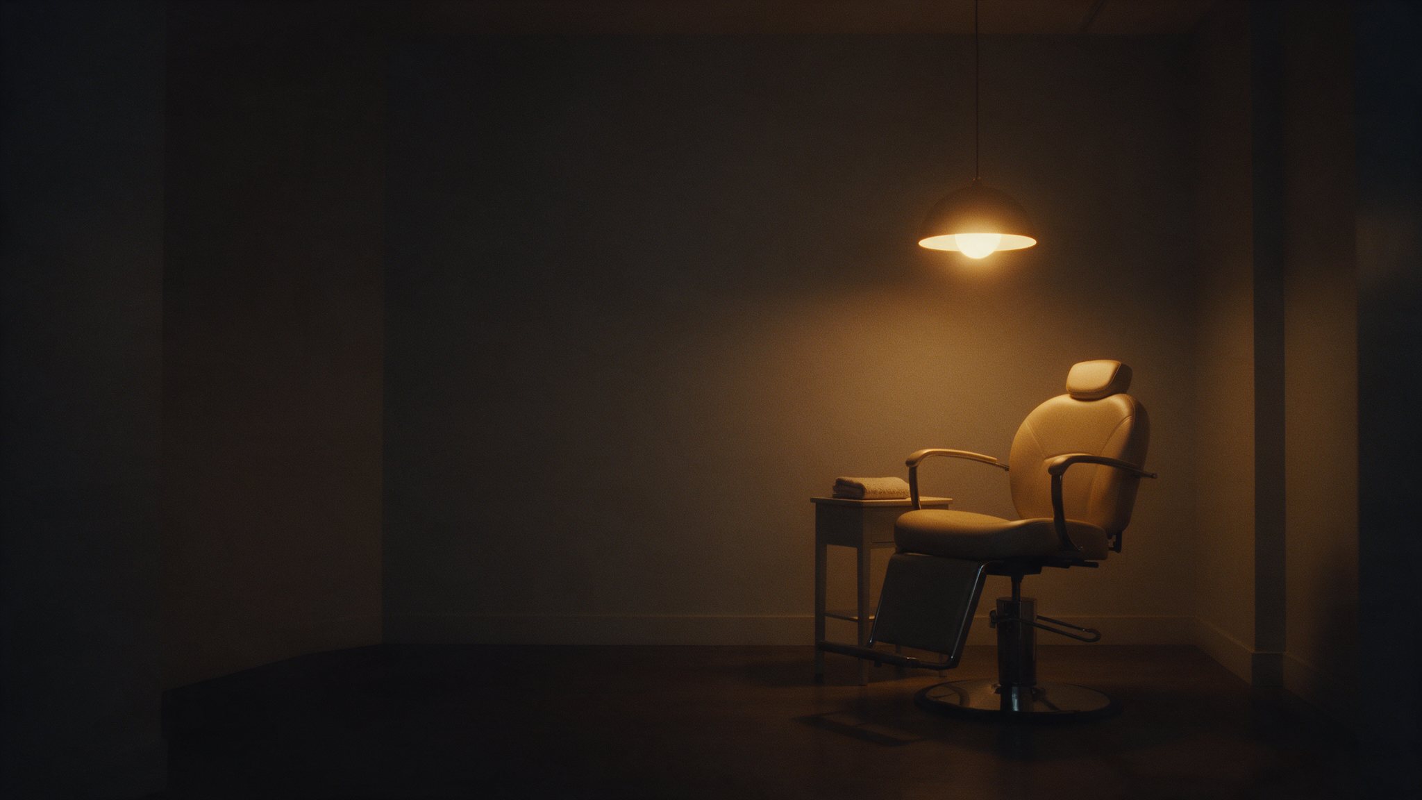 An empty chair under a warm lamp at closing time.