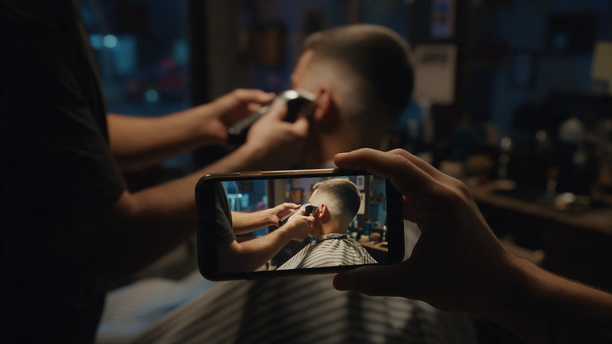 A phone films a barber finishing a client's haircut.