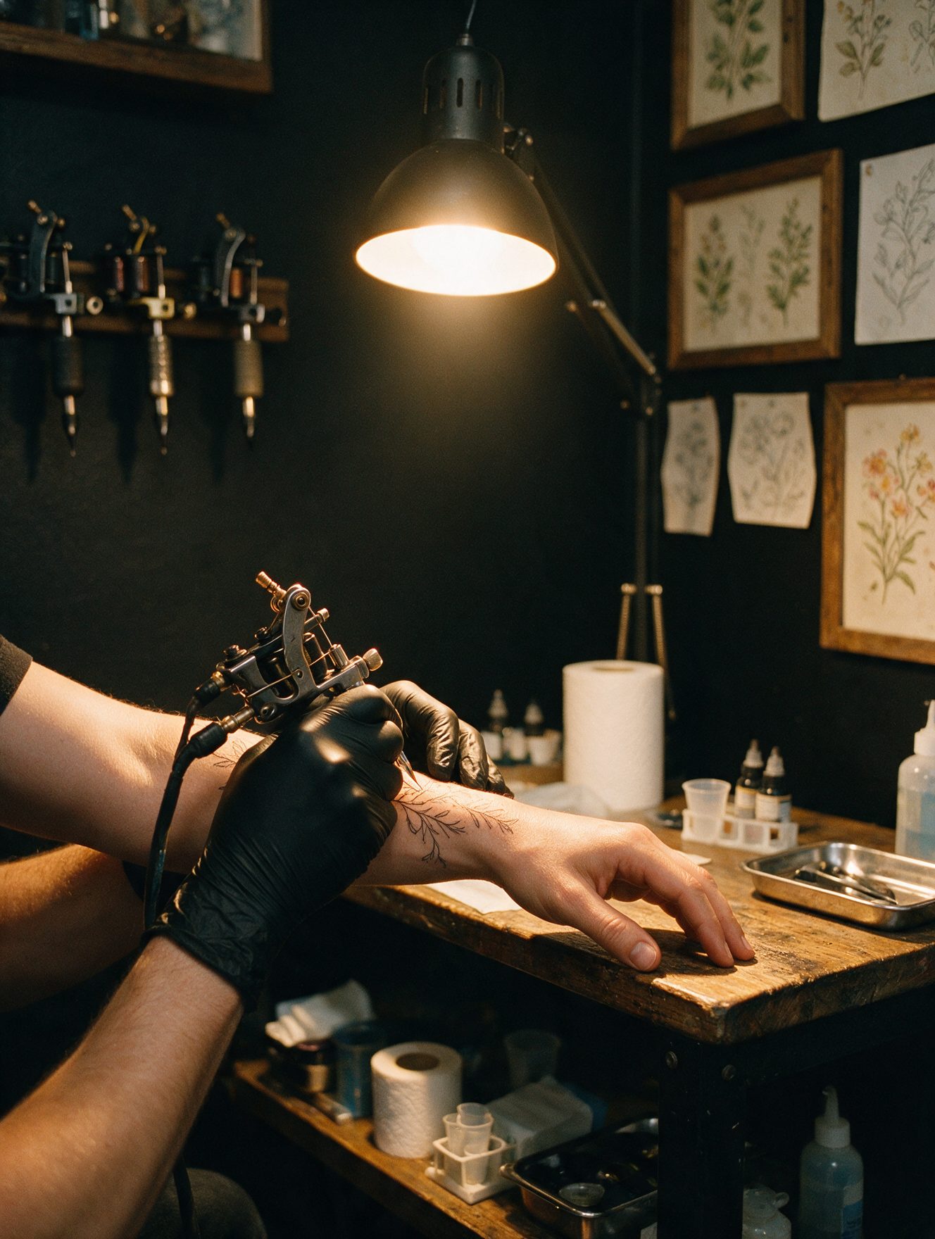 A tattoo artist in black gloves works on a fine line tattoo.