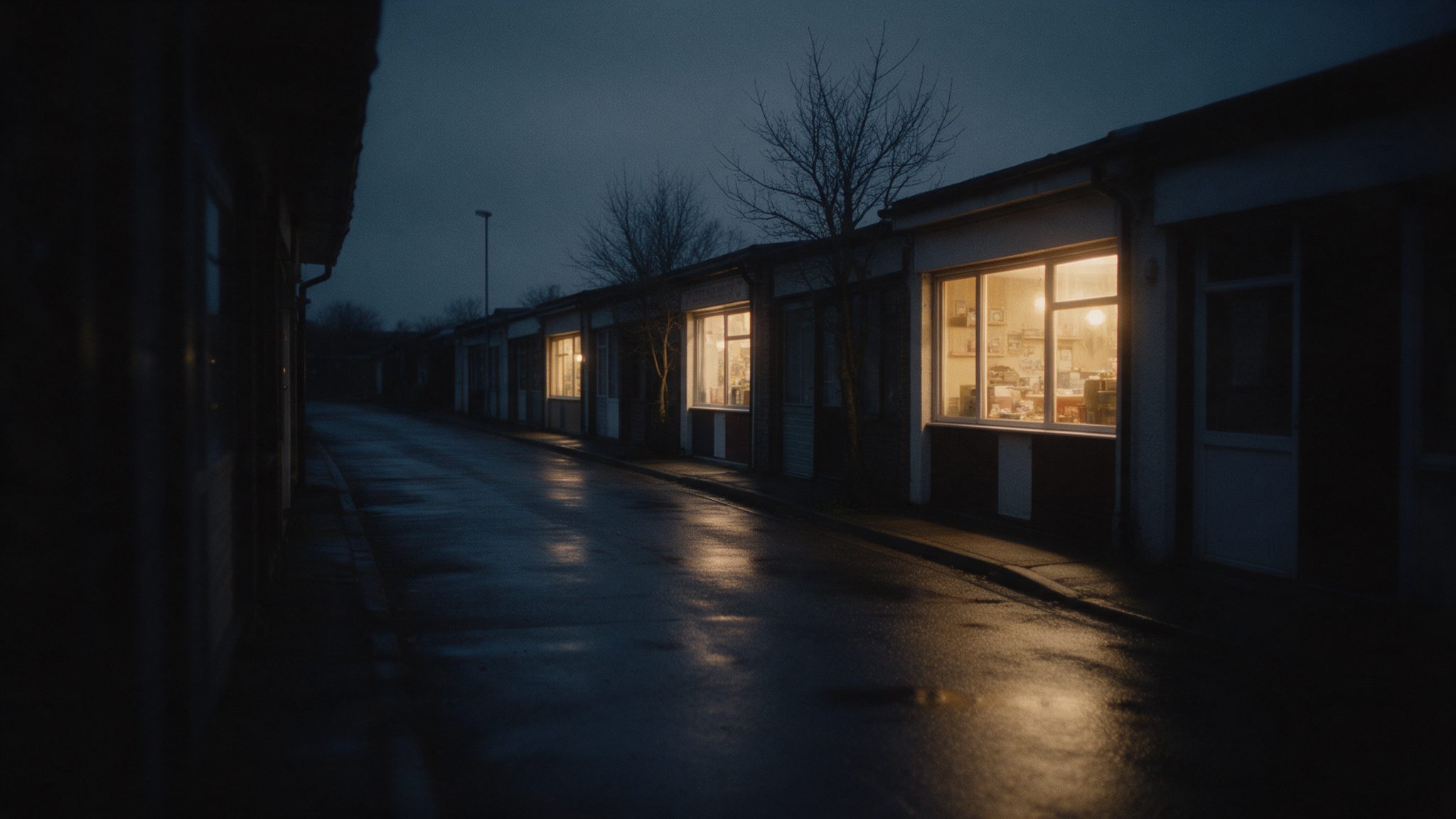A quiet street at night after rain. A few small businesses still have their lights on.